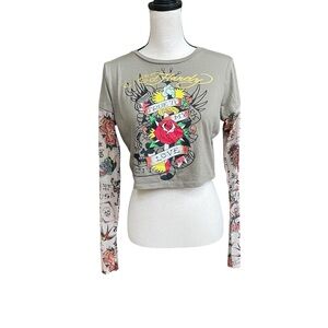 Ed Hardy Women's Tattoo Graphic Long Sleeve Crop Tee